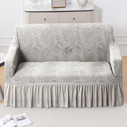 Image of HOKIPO 240 GSM Premium Jacquard Sofa Cover 2 Seater Fully Covered, 'Serene Wave Series' Vanilla Beige (AR-6353-CRM)