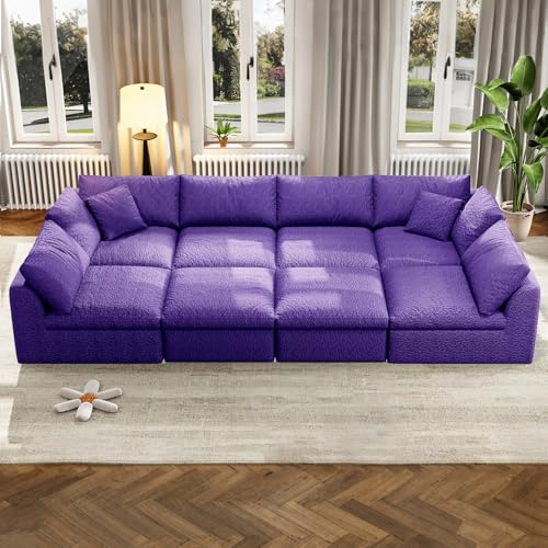 Selyteramy Modular Sectional Sofa, Convertible Couch with 2 Ottoman, Boneless Sofas Couches for Living Room, 8-Seat Modern Deep Seat Sofa with Throw Pillows, No Assembly Required,Purple