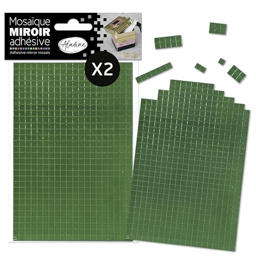Aladine - Mosaïque Miroir Adhésive Vert - 2 Feuilles 10 x 15 cm - Mini Carrés Adhésifs pour DIY & Loisirs Créatifs - 600 Carreaux par Feuille Autocollante...