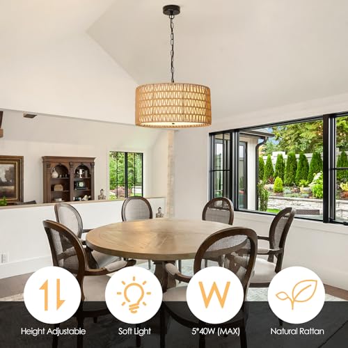 Munbea FH-CH-20230110-5 18.9'' Boho Chandelier Lighting For Dining Room, 5 Lights Rattan Chandelier With Fabric Shade, Rustic Large Pendant Light For Kitchen Island thumb #2