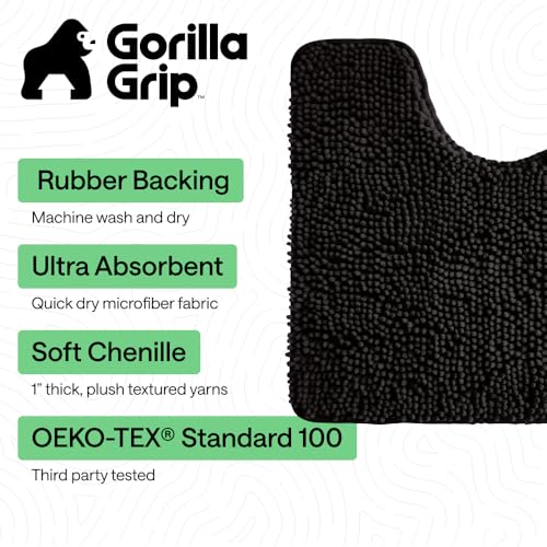 Image of GORILLA GRIP Bathroom Rug Sets 3 Piece, Bath Mat Set and Oval Toilet Base with Rubber Backing, Plush Absorbent Shaggy Chenille Washable Mats, Includes 24x19.5, 24x17 and 36x24 Inch Rugs, Black