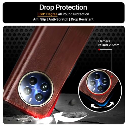 Image of Flipped Vegan Leather Flip Case Back Cover for Realme 12 Pro 5G | Realme 12 Pro Plus 5G (Flexible, Shock Proof | Hand Stitched Leather Finish | Card Pockets Wallet & Stand | Tan with Brown)