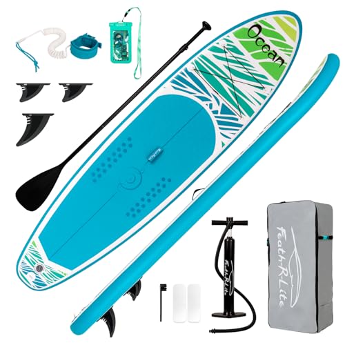 FEATH-R-LITE Inflatable Paddle Board Stand Up Paddleboards for Adults SUP with Premium Accessories Pump, Adjustable Paddle, Leash, Three Fins, Backpack (Blue Ocean)
