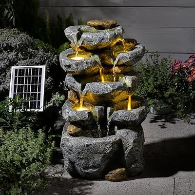 5 Tiered Solar Powered Water Fountain, Solar Water Fountain Outdoor Garden Cascading Rock Water Fall Fountains Outside with Lights for Backyard, Patio, Deck, Porch, 24" H x 13.39" L x 9.6" W