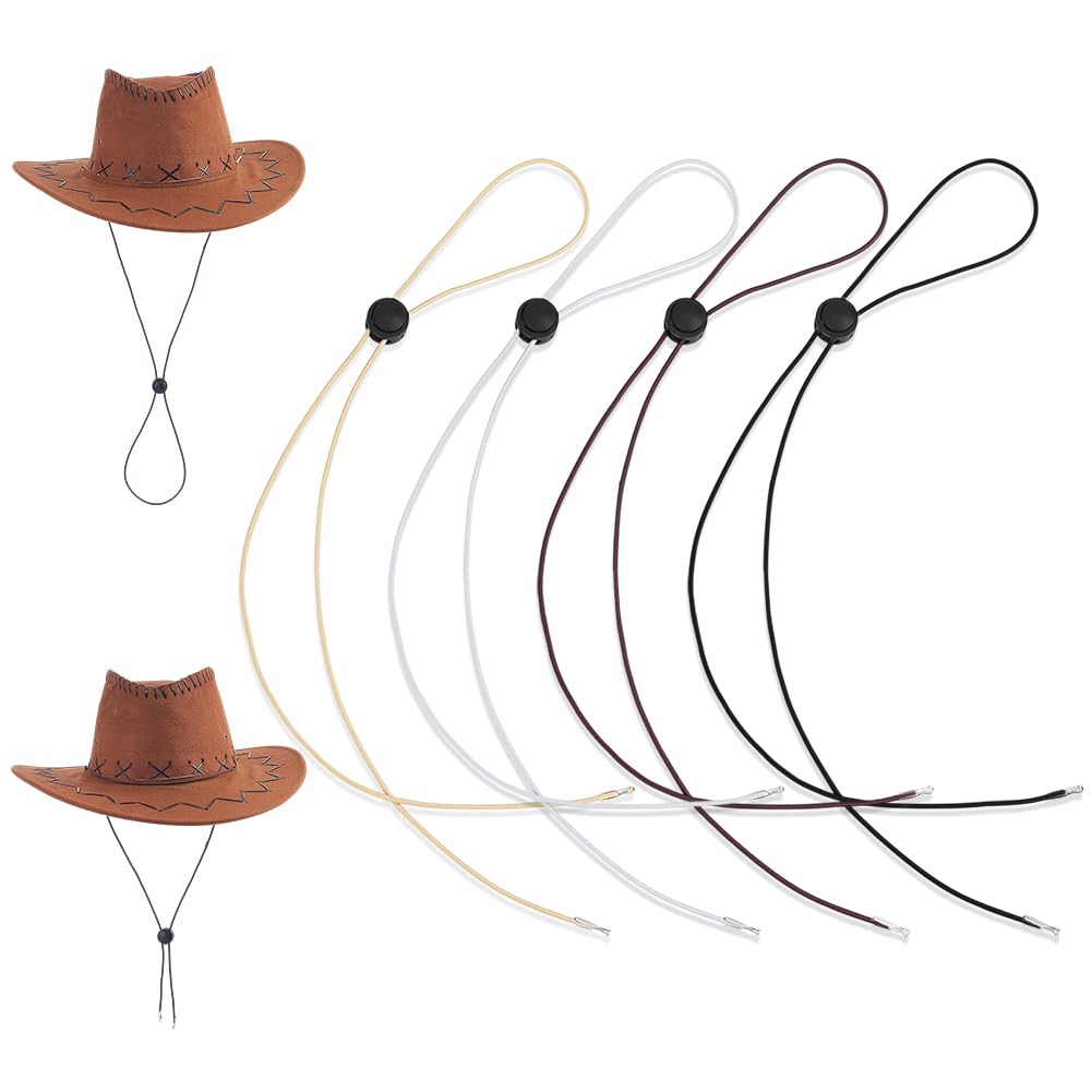 AHANDMAKER 4Pcs Adjustable Elastic Cowboy Hat Chin Strap 4 Colors Removable Windproof Cord String with Clips for Fishing Camping Western Outdoor Rodeo Decoration