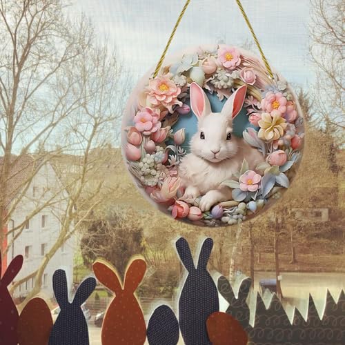 Rabbit in Flowers Front Door Sign for Easter Decoration, Acrylic Spring Front Porch Decor for Home Wall, Suncatcher Ornaments Door Hanger (Rabbit Wreath, 8