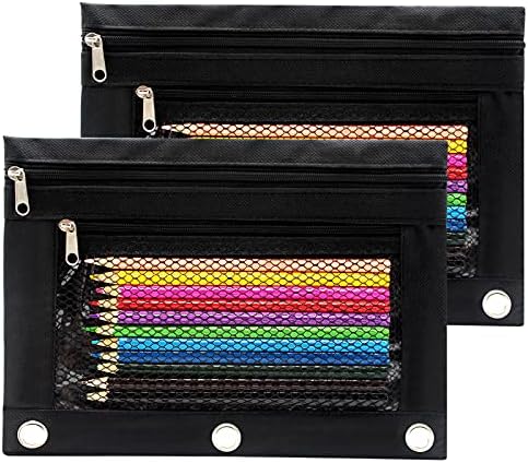 Cinvo Pencil Pouch 3 Ring Binder Pouch Zippered Pencil Case Canvas Pencil Bag with 2 Compartments (Set of 2, Black)
