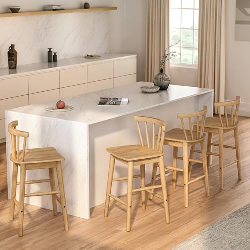 HoeuThien Barstools Set of 4, 24" Wood Element Bar Stools, Armless Farmhouse Wooden Bar Dining Chairs with Back & Footrest for Kitchen Island Cafe Pub Light Brown