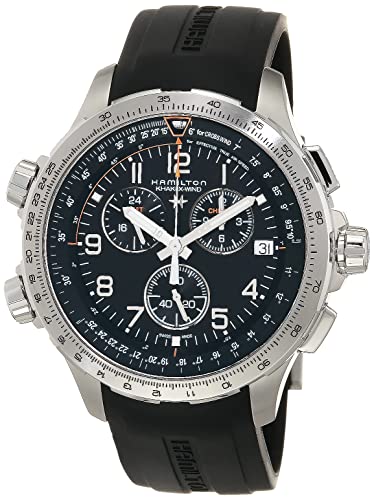 Hamilton Watch Khaki Aviation X-Wind GMT Chronograph Quartz Watch for Men | Swiss Made | 46mm Stainless Steel Case | Black Dial Analog Watch | Sapphire Crystal with Black Rubber Strap (Model: H77912335)