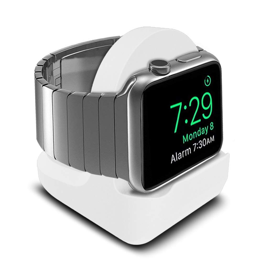 Pokanic Designed Compatible with Apple Watch Stand Holder Mount Series 9/8/7/6/5/4/3/2/1/SE - 49/47/45/44/42/41/40/38mm Stand with Night Stand Cable Management Slot (White)