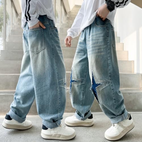 Star Baggy Jeans for Boys Elastic Waist Y2k Vintage Straight Wide Leg Pull On Jeans Kid Boys with Pocket 5-14 Years2