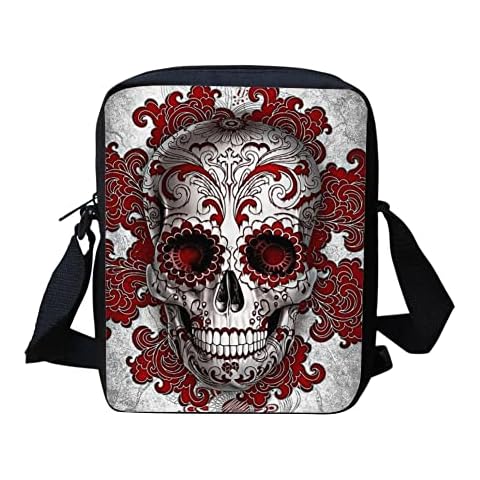 HUGS IDEA Halloween Mini Shoulder Bag with Skull Red Flower Vintage Gothic Crossbody Bag, Messenger Bag for Smartphone Wallet Lightweight Stylish Casual Bag Cover