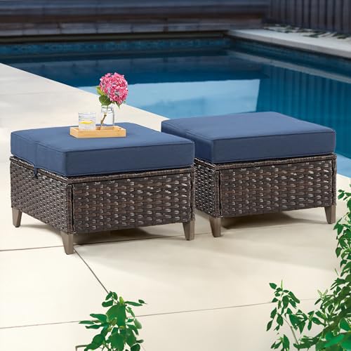 Joyside Patio Ottoman Set of 2, All Weather Outdoor Rattan Ottomans Patio Footstools with Removable Cushions for Garden Backyard Porch (Blue)
