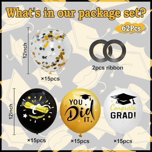 Image of Graduation Decorations 2026 - Graduation Balloons 62pcs 12 Inch Black Gold White Grad Print Latex Confetti Balloons for College High School Class of 2026 Congrats Grad Party Decor Supplies (Ribbon)