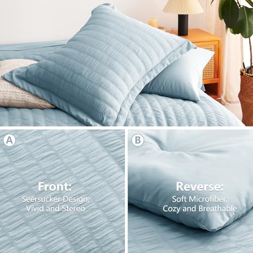Image of CozyLux Oversized Queen Comforter Set with Sheets, 7 Pieces 98 inchx98 inch Light Blue Seersucker Bed in a Bag, Luxury Soft All-Season Bedding Sets with Down Alternative Comforter, Sheets, Pillowcases & Shams