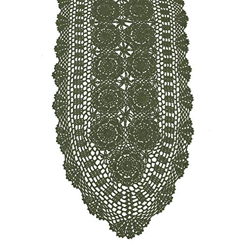 KEPSWET Cotton Handmade Crochet Lace Oval Table Runner Dresser Console Coffee Table TV Stand Decor Olive Green 14x36 inch