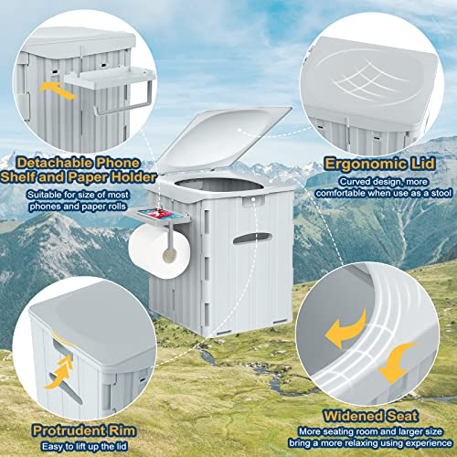 XL Portable Toilet for Adults, 15.4″ H Foldable Camping Toilet with Detachable Phone Shelf and Toilet Paper Holder, Waterproof Porta Potty with Lid for Hiking, Long Road Trips, Car