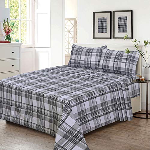 Ruvanti 100% Cotton 4 Piece Flannel Sheets King Balance Plaid Grey Deep Pocket-Warm-Super Soft - Breathable Moisture Wicking Flannel Bed Sheet Set King Include Flat Sheet, Fitted Sheet 2 Pillowcases #TOP1
