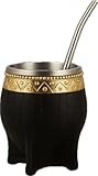 Mate Torpedo Argentino Kit Mate, Taza de te Imperial Acero Inoxidable, With Straw Tea Gourd Mug One Bombilla (Straw), Wrapped Handmade Leather Ideal for Gift and Travel (Black)