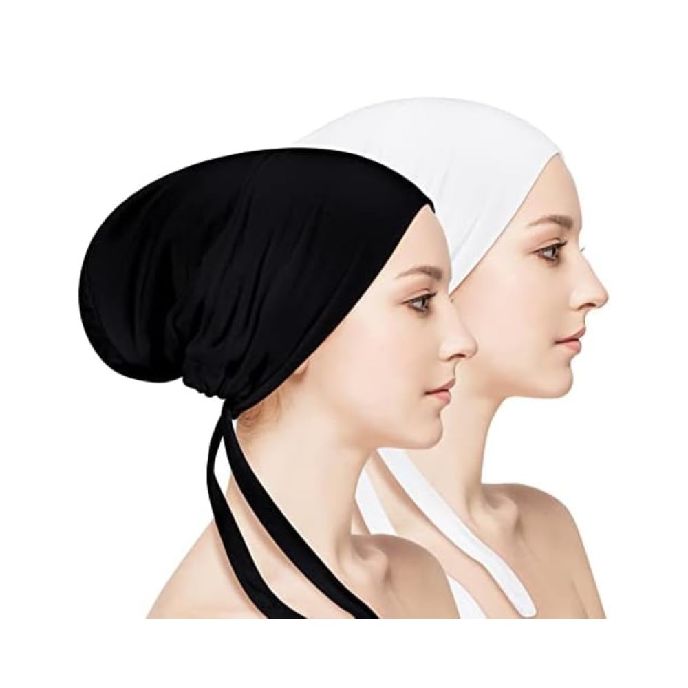 Cotton Hijab Undercaps For Women & Girls | Adjustable Tie-Back Hijab Caps | Black & White (Pack Of 2)