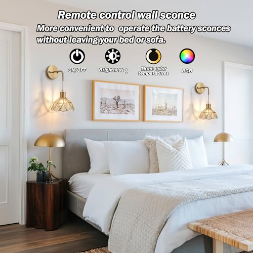 Image of Battery Operated Wall Sconces Set of Two, RGB Color Changing Dimmable Sconces with Remote for Bedroom Living Room, Easy to Install