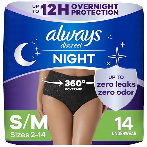 Always Discreet Adult Incontinence Overnight Underwear for Women, Small/Medium, Up to 100% Bladder...