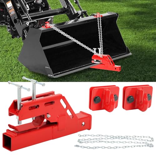 EBESTTECH Red Tractor Clamp on 2 Trailer Hitch Receiver Ball Mount Adapter for Tractor Bucket Non-Slip Bucket Hitch for Compatible with Kubota Deere Bobcat with 3/8 Tow Hook and 3M Chain