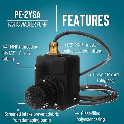 Little Giant PE-2YSA 115V, 1/40 HP, 300 GPH Polyester Submersible Parts Washer Pump with Conduit Fitting for Aqueous Solutions or UL-listed Solvents with 6-Ft. Plugless Power Cord, Black, 518550