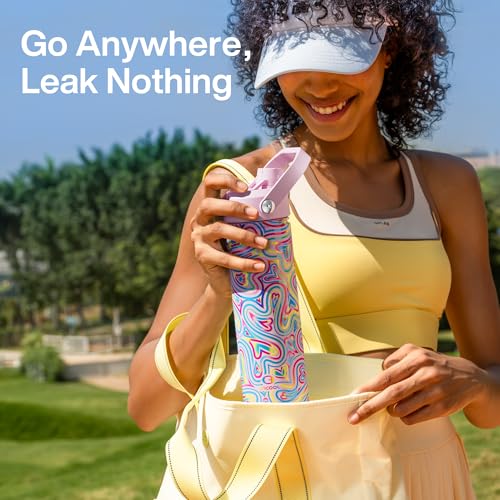 Image of ENCOOL Insulated Water Bottle with Straw Stainless Steel Water Bottle, Leak-Proof, BPA-Free, Double Wall Vacuum Keeps Cold for 24 Hours for Sports, Travel, School (26 oz, Heart Swirl Pink)