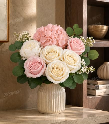 Image of Divyakosh Artificial Flowers for Vase (Vase Not Included) Artificial Flower for Vase, Flower Bouquet Gift, Blush Pink Hydrangea, Ivory Rose & White Peony Artificial Flower Arrangement for Living Room