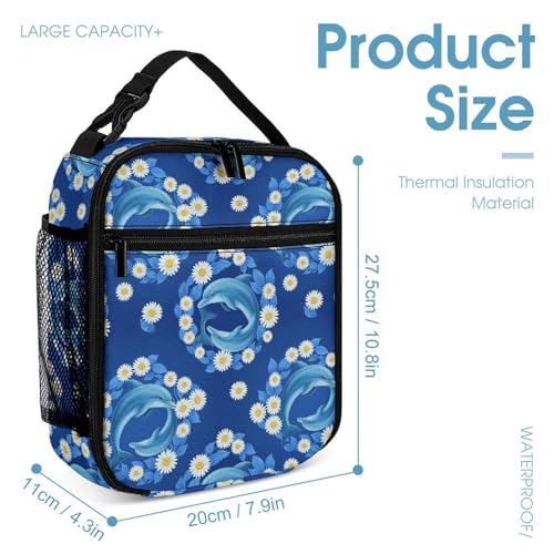 Backpack Book Bags with Lunch Box Storage Bag Backpack Set Daypack with Lunch Bag and Cosmetic Bags (Dolphins Flowers)4