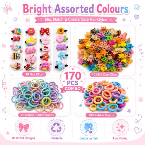 Image of 170 Pcs Hair Accessories for Kids Girls | Cute Baby Hair Clips, Rubber Bands, Nancy Bands & 40 Mini Claw Clips Combo | Hair Accessories for Baby Girl | Kids Hair Clips Set | Mixed Designs