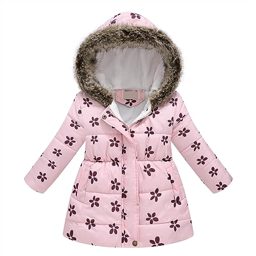 Girl Winter Dress Coats Hooded Fleece Jacket Warm Outwear with Printing 𝗪aterproof Heavy Parka Hooded (Pink, 4-5 Years)