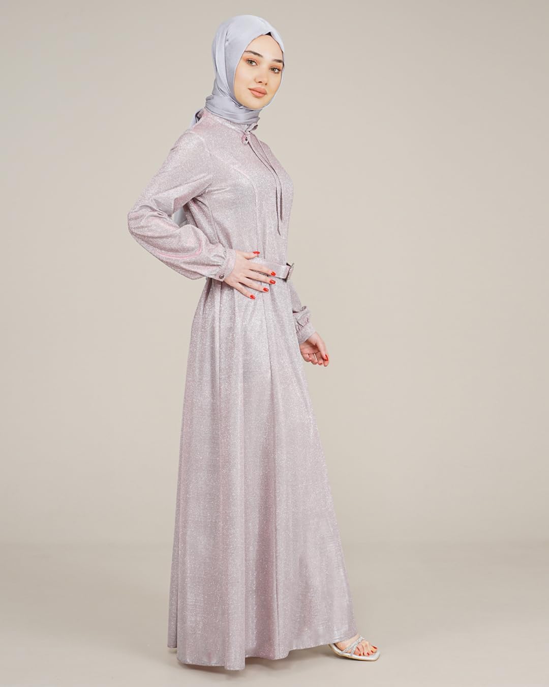 LAMORA Stylish Long Maxi Women’s Party Dresses with Hijab | Sparkly Glitter Gown Dress for Women with Full Sleeves | Stylish Waist Belt and Modern Fashion Wear for Special Occasions