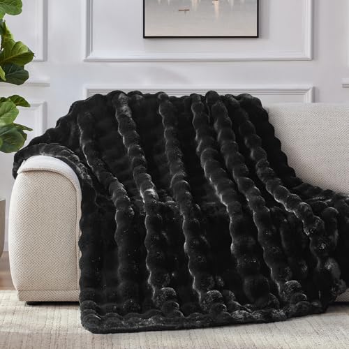 Faux Fur Throw Blanket, 1000GSM Fluffy Soft Bubble Blanket for Couch Bed, Cozy Plush Warm and Thick Blanket, Fuzzy Rabbit Lola Throw for Living Room Bedroom 50''*60'' Black