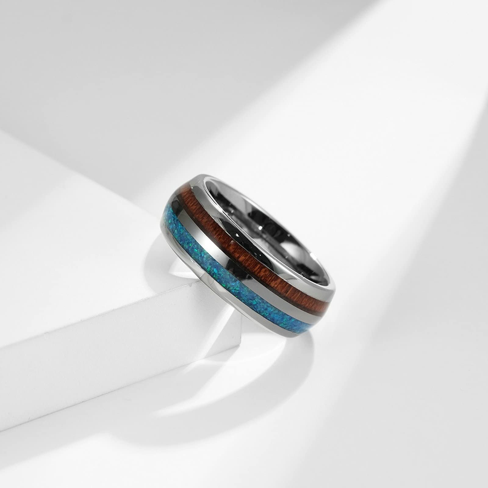 Aeici Anillo de promesa para pareja, grabado, anillo personalizable para mujer, tungsteno, anillo de plata, 8 mm, madera y ópalo, Plata