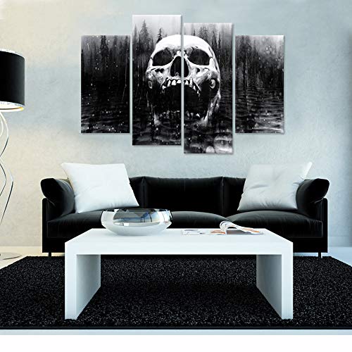 iHAPPYWALL Halloween Day of Dead Skull in Dark Foggy Lake Abstract Black and White Contemporary Picture Print 4 Panel Large Canavs for Modern Home Decoration Ready to Hang
