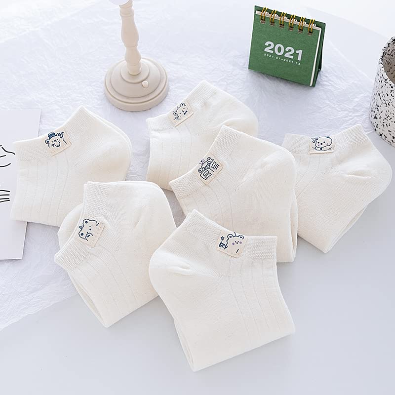 Tooe 6 Pairs Women's Japanese Cute Socks Bear Graphic Printing Socks Kawaii Japanese Solid Color White Cottagecore Crew Socks2