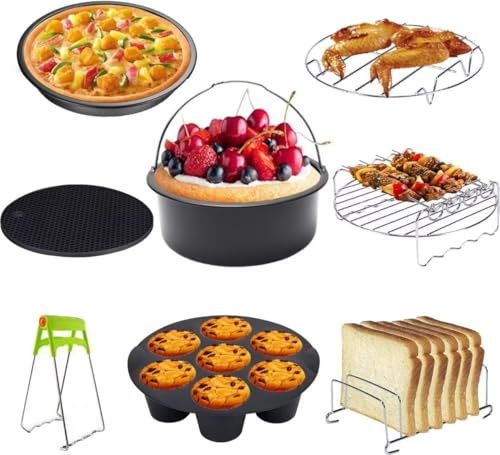 Air Fryer Accessories 7 Inch 8-piece Set, Fit All 3.2qt-6.8qt Air Fryers,Air Fryer Accessories 8 Pcs Kits with Skewers Silicone Mat,Non-Stick, Dishwasher Safe,Universal