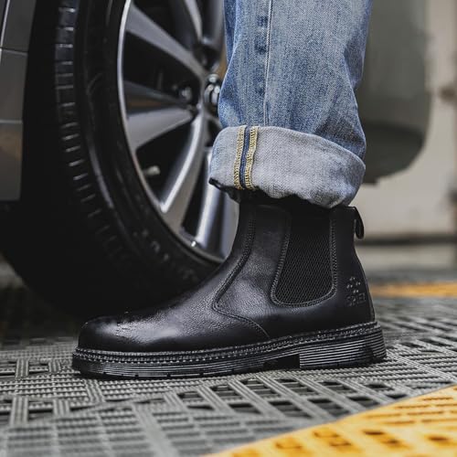 SPIEZ Men's Steel Toe Work Boots - Slip & Oil Resistant Safety Shoes | Waterproof Puncture Proof Chelsea Boots | Lightweight Breathable for Construction, Warehouse, Black（7.5-12）4