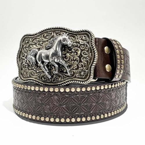Western Horse Buckle Belt, Vintage Faux Leather Cowboy Belt Floral Engraving Retro Western Style Waist Belt3