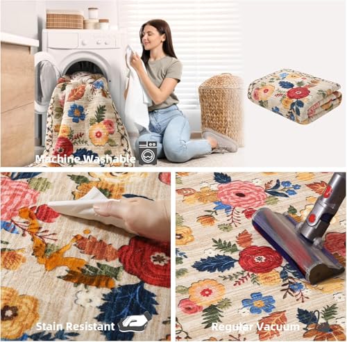 8x10 Area Rugs for Living Room: Washable Rug Stain Resistant Distressed Vintage Floral Rug Non Slip Low Pile Faux Wool Soft Large Area Rugs for Bedroom Bedside Farmhouse Dining Room Kids Nursery