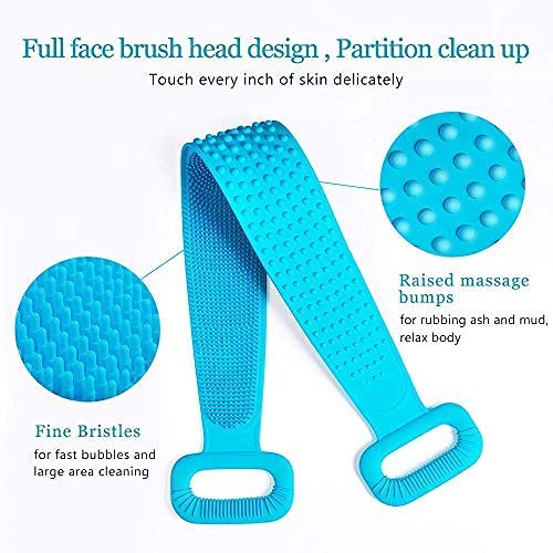 JEEJEX Silicone Body Back Scrubber Double Side Bathing Brush for Skin Deep Cleaning Massage, Dead Skin Removal Exfoliating Belt for Shower, Easy to Clean, Lathers Well for Men & Women, (Mix Color) 3