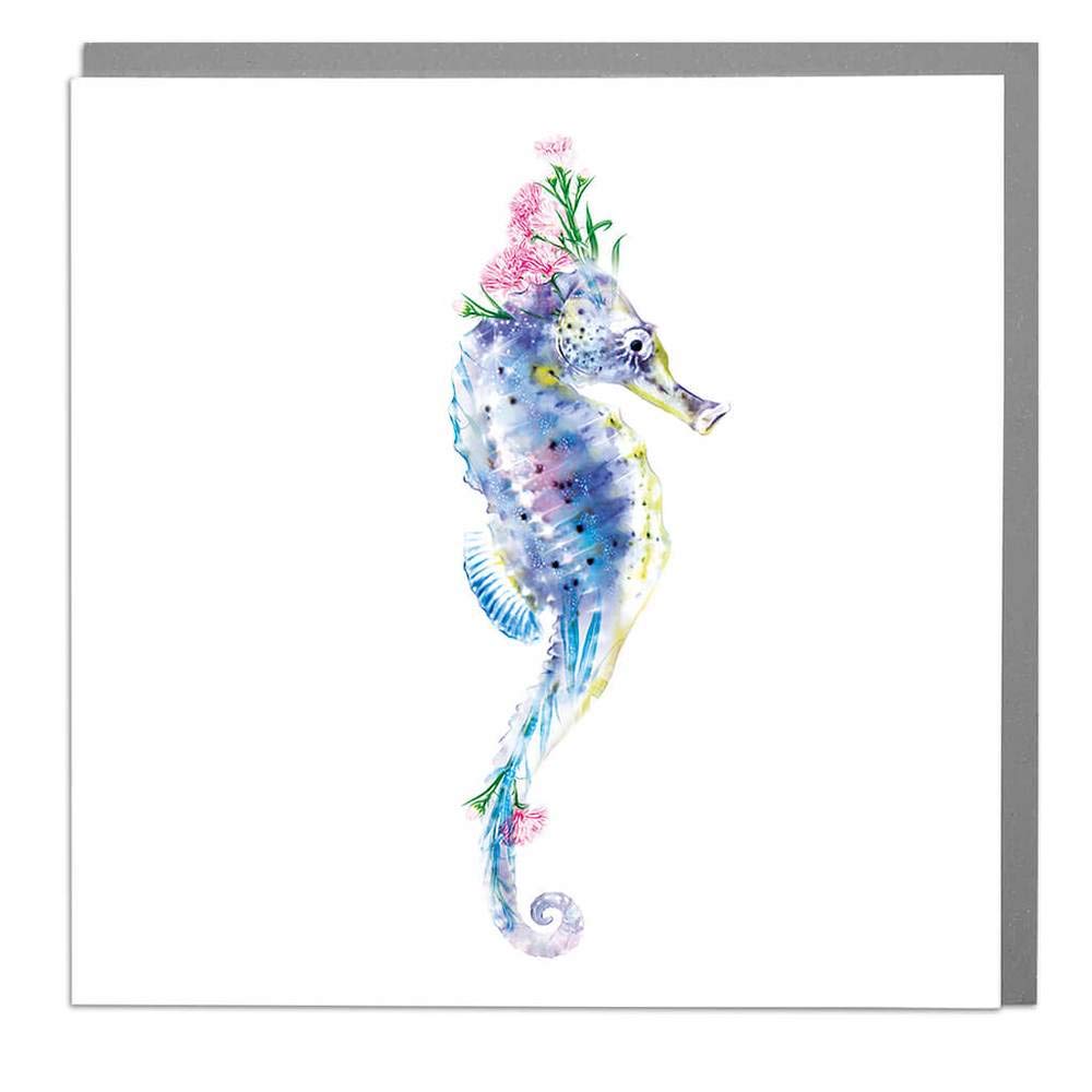 Lola Design - Wildlife Botanical Greeting Cards, Seahorse Design - Suitable for Birthdays, Congratulations or Any Special Occasions - Blank Inside with Grey Envelope - 150mm x 150mm