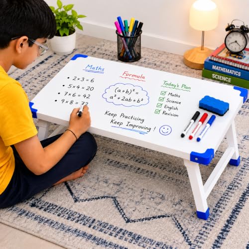 Image of Eduway Multipurpose Foldable White Board Laptop Table with 1 Duster & Marker | Heavy-Duty Portable Writing Desk for Bed, Study, Work from Home, Dining & Reading,