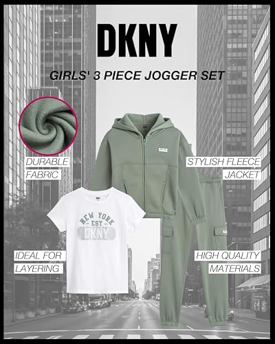 DKNY Girls 3-Piece Athletic Fleece Zip Sweatshirt Hoodie and Jogger Set (4-12)2
