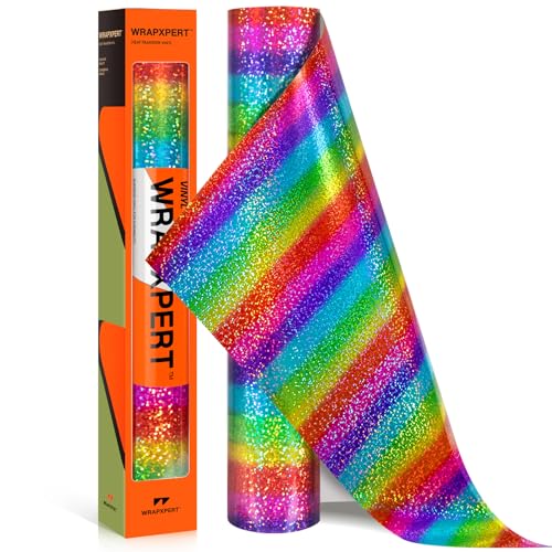 WRAPXPERT Holographic Rainbow HTV Iron on Vinyl Ombre Patterned Shimmer Heat Transfer Vinyl for T-Shirts 12x5ft Holographic Glitter Vinyl Rolls for DIY Clothing Pattern Stretchable & Washable
