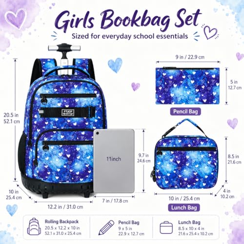 Image of 3Pcs Rolling Backpack for Girls, 19 Inche Women Roller Bag with Wheels for Adults, Wheeled Bookbag with Lunch Box(Blue)