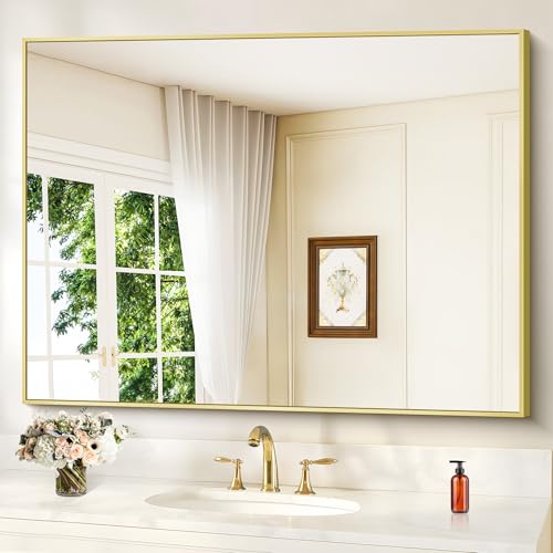 Image of COFENY Gold Bathroom Mirror for Wall, 30x48 Inch Rectangle Mirrors with Metal Frame, Modern Vanity Wall Mirror Decor for Bathroom Living Room, Entryway Hangs Horizontal or Vertical