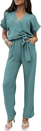 PRETTYGARDEN Women's Summer One Piece Jumpsuits Belted Short Sleeve Wrap V Neck Fashion Dressy Casual Wide Leg Pants Romper